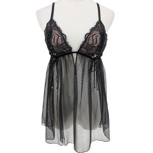 Y2K Victorias Secret Babydoll Cami L Black Sheer Lace Up Corset Rhinestone Goth